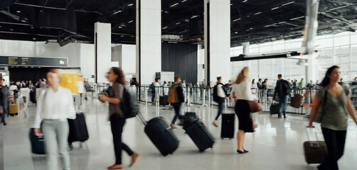 Travelers inside a busy terminal at an airport blurred