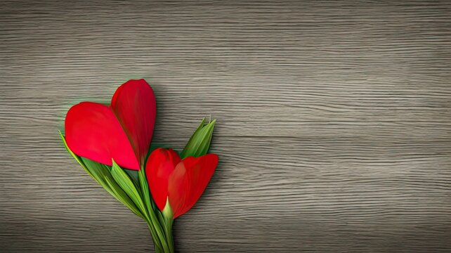 Valentine's day background with red tulips on old wood, heart shaped red tulip flowers on wooden background, 3d rendering, wallpaper