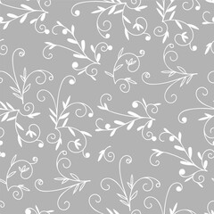 Vector floral two-color seamless pattern on a gray background white flowers with leaves and shoots