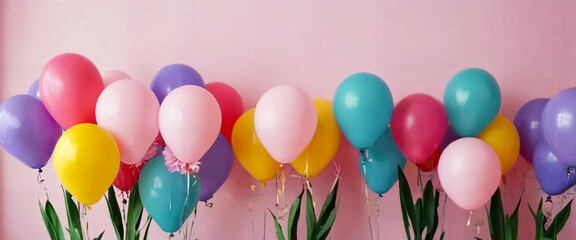 balloons on light pink soft pastel background. Card for christmas, wedding, birthday, woman's day, mothers day, valentine's day.