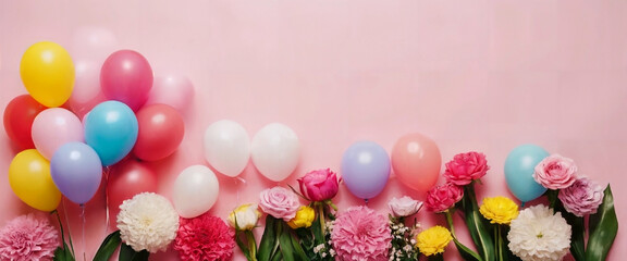 Pink banner with balloons and flower for valentines, women's day, mother's day celebrations with...