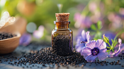 Black cumin essential oil in a small bottle. selective focus. Generative AI,