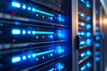 Close-up photo of server rack with glowing lights. Technology background