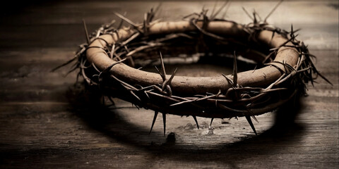 The crown of thorns of Jesus on wooden background