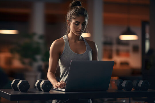 A sporty woman in sportswear is standing with dumbbells and is using a laptop at home in the living room. Sport and recreation. slim girl. Healthy lifestyle. Stay at home activities. 