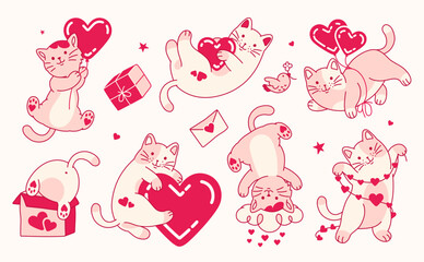 Colorful blush pink cats in love with hearts. Fun doodle vector collection. Valentine's Day concept. Funny and cute vector cartoon isolated stickers.
