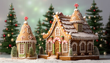 Gingerbread house decoration with snowflake icing and candy generated by AI