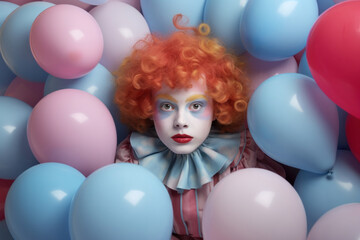 Fototapeta na wymiar Surreal clown with a whimsical expression, submerged in a sea of pastel balloons, celebrating the playful essence of April Fool's Day