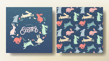 Obraz na płótnie Canvas Set of Easter greeting card and seamless pattern with bunnies, spring template. Happy Easter