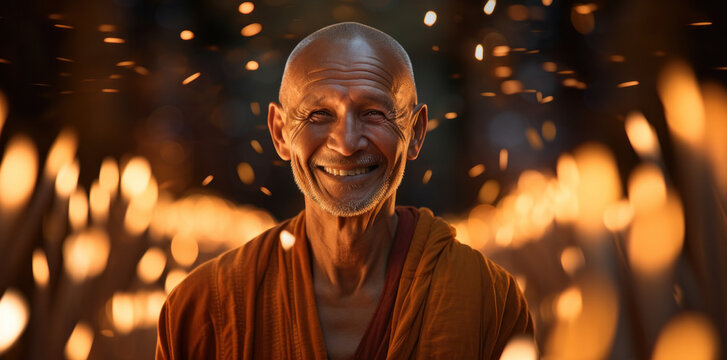 Joyful Buddhist monk in saffron robes, his smile reflecting the inner peace of Vesak amidst a glow of candles