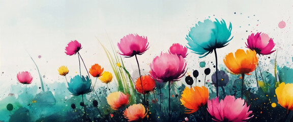 Poppies in the summer field, watercolor art - obrazy, fototapety, plakaty
