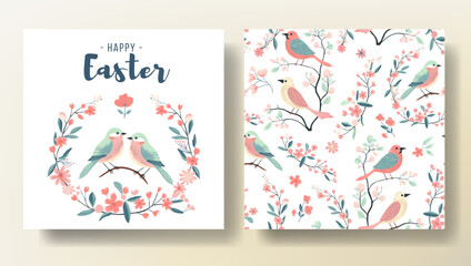 Set of Easter greeting card and seamless pattern with birds, spring template. Happy Easter