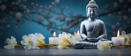 Tranquil Buddha statue in meditation, flanked by white blossoms and candles, evoking serenity for Vesak