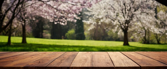 Naklejka na ściany i meble An empty wooden table top overlooking a blooming spring garden. Blurred background.