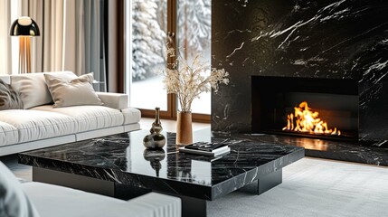 Black marble stone coffee table near white sofa by classic fireplace. Art deco style home interior design of modern living room.