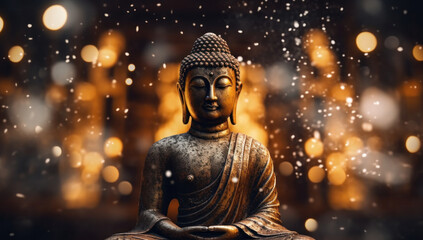 Statue of the meditating Buddha enveloped in a mystical bokeh, embodying peace and enlightenment during Vesak