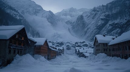 A snow avalanche covered a small village at the foot of the mountains. Natural disaster. - obrazy, fototapety, plakaty