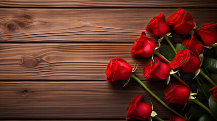 Naklejka na ściany i meble Red roses on wooden background, top view, copy space, Love and Valentine's day concept