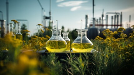 a concept of alternative ethanol biofuel or bioenergy. several round measuring glasses or bulb formed transparent flasks with yellow fluid representing rapeseed oil biofuel in a field among plants - obrazy, fototapety, plakaty