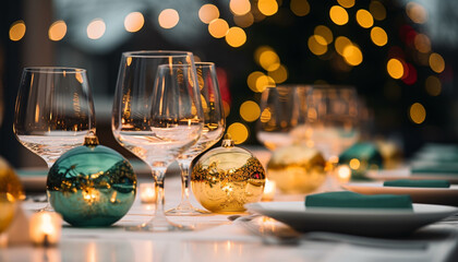 Celebration night, illuminated wineglass, luxury party, shiny wood generated by AI