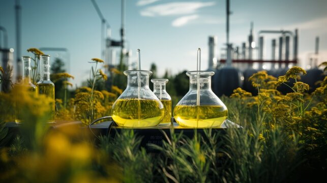a concept of alternative ethanol biofuel or bioenergy. several round measuring glasses or bulb formed transparent flasks with yellow fluid representing rapeseed oil biofuel in a field among plants