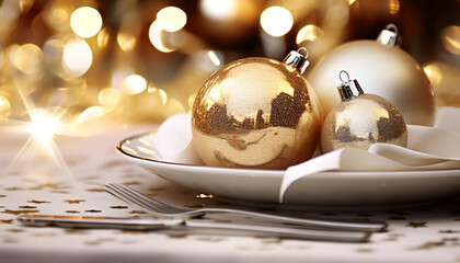 Shiny gold Christmas ornament glowing on table generated by AI