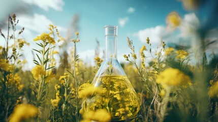 a concept of alternative ethanol biofuel or bioenergy. macro of yellow fluid representing rapeseed oil biofuel in a transparent mearuring glass among a plants in the field - obrazy, fototapety, plakaty