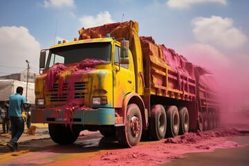 large truck transports various colors for the Holi festival, generative ai