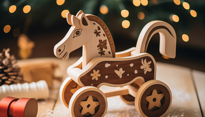 Rustic rocking horse, snowflake ornament, illuminated Christmas tree generated by AI