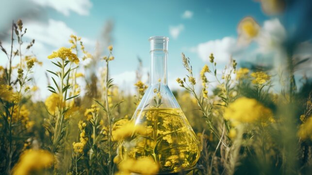 a concept of alternative ethanol biofuel or bioenergy. macro of yellow fluid representing rapeseed oil biofuel in a transparent mearuring glass among a plants in the field