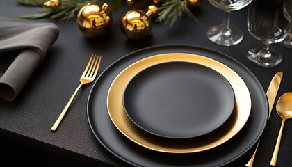 Elegant table setting with gold crockery and silverware generated by AI