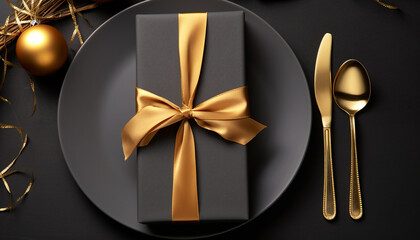 Golden celebration decoration on black background, elegant and shiny generated by AI