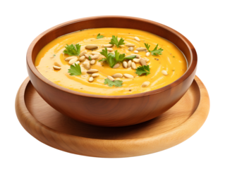 Pumpkin Soup with Seeds and Parsley in a Wooden Bowl, isolated on a transparent or white background