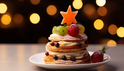 Stack of homemade pancakes with fresh berries and chocolate generated by AI