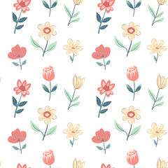 Vector seamless pattern with tulips. Spring background. Folk flowers. Romantic flower pattern hand drawn.