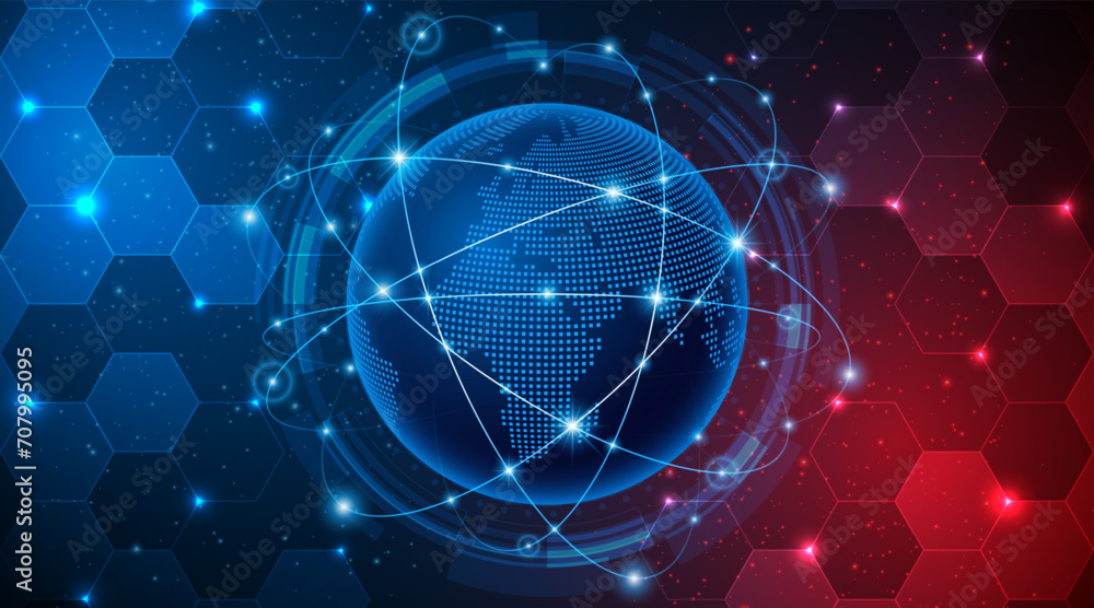 Poster Global connection network background. World map. High-speed internet technology concept or fast wireless data transmission. modern internet network connection technology background	
