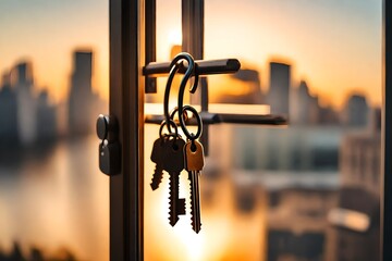 Close-up shot of keys inside the lock of an apartment door against the out-of-focus modern living room with lots of light in a city at sunset.  