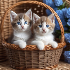 Two small gray-white kittens with blue eyes in a wicker basket on a light brown background with blue flowers. Pets. Kittens in a basket