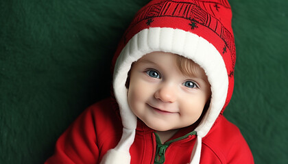 Smiling Caucasian baby boy in winter elf costume generated by AI
