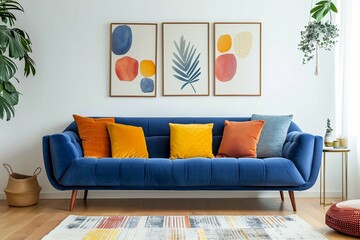 Blue sofa with colorful pillows against white wall with art posters frames. Mid-century style home interior design of modern living room.
