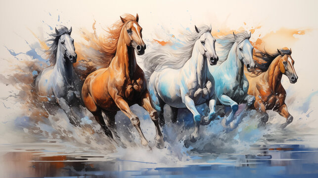 watercolor horses running
