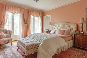 Boohoo, French country style interior design of modern bedroom peach color