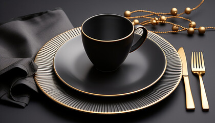 Coffee cup on table, elegance and freshness generated by AI