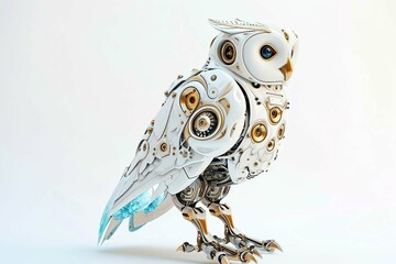 Charming owl robot, robotic bird isolated over white background.