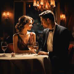 Beautiful loving couple is spending time together for dinner in restaurant. Celebrating Valentine's Day.