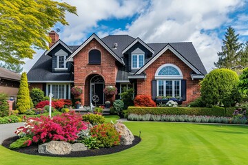 Colonial style brick family house exterior with black roof tiles. Beautiful front yard with lawn and flower bed. - obrazy, fototapety, plakaty