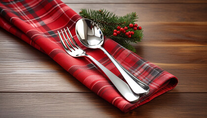 Rustic tablecloth, wooden plate, silverware, fresh meal generated by AI