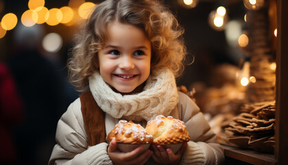 Naklejka premium Smiling child, happiness, cheerful girl, cute winter portrait, sweet cookie generated by AI