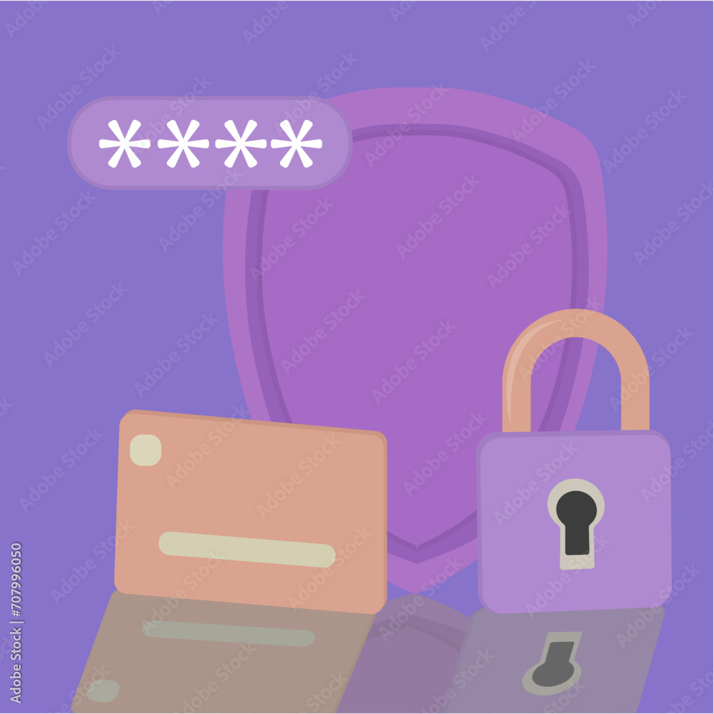 Poster cyber security internet concept. 3d lock with key and protection shield. networking safety connect. 