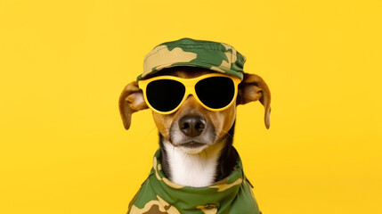 Close-up of a dog in a military helmet on a yellow background - obrazy, fototapety, plakaty